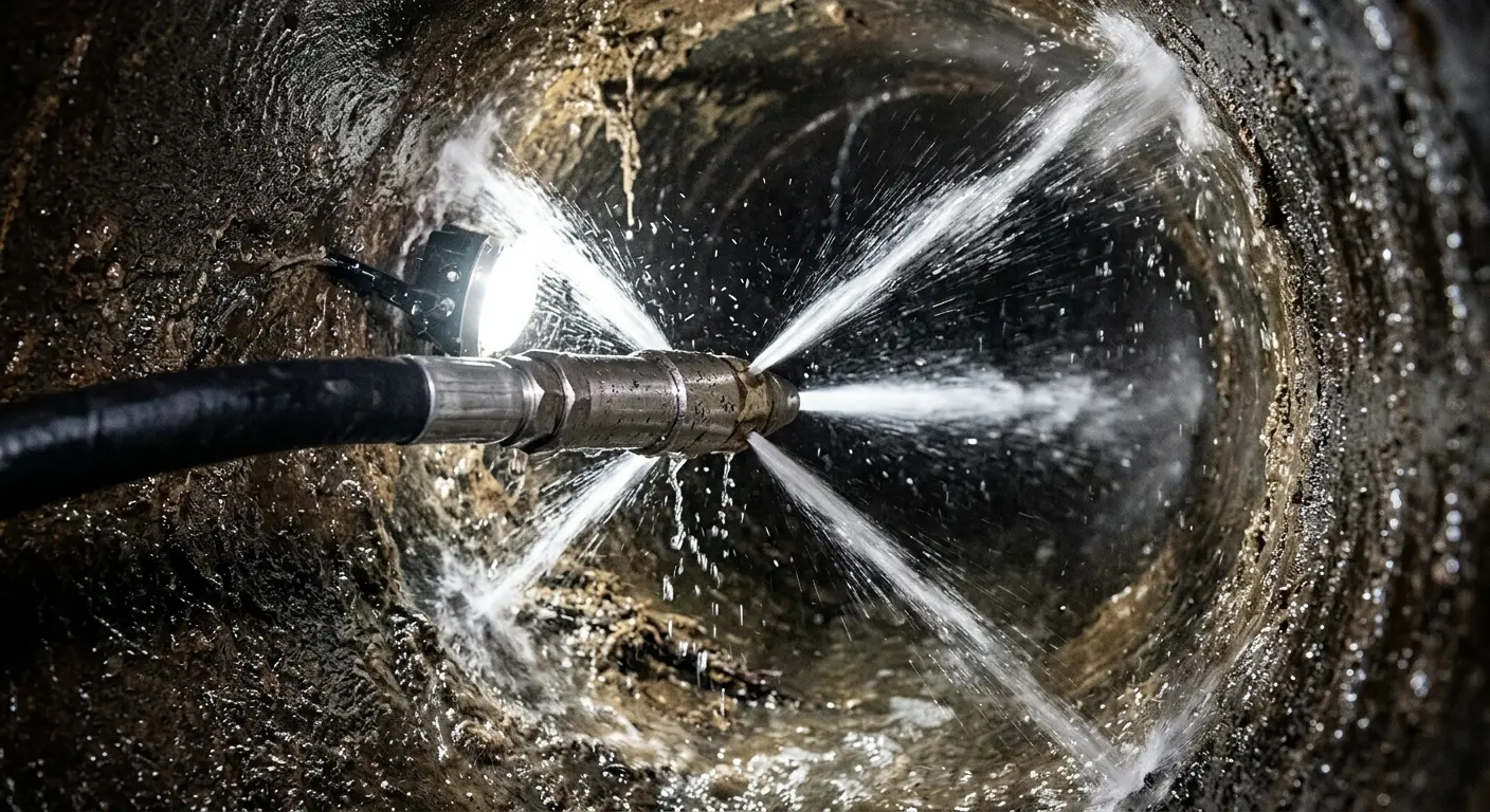 High-pressure hydro jetting nozzle cleaning sewer pipe for Emergency Drain Service in Old Tappan