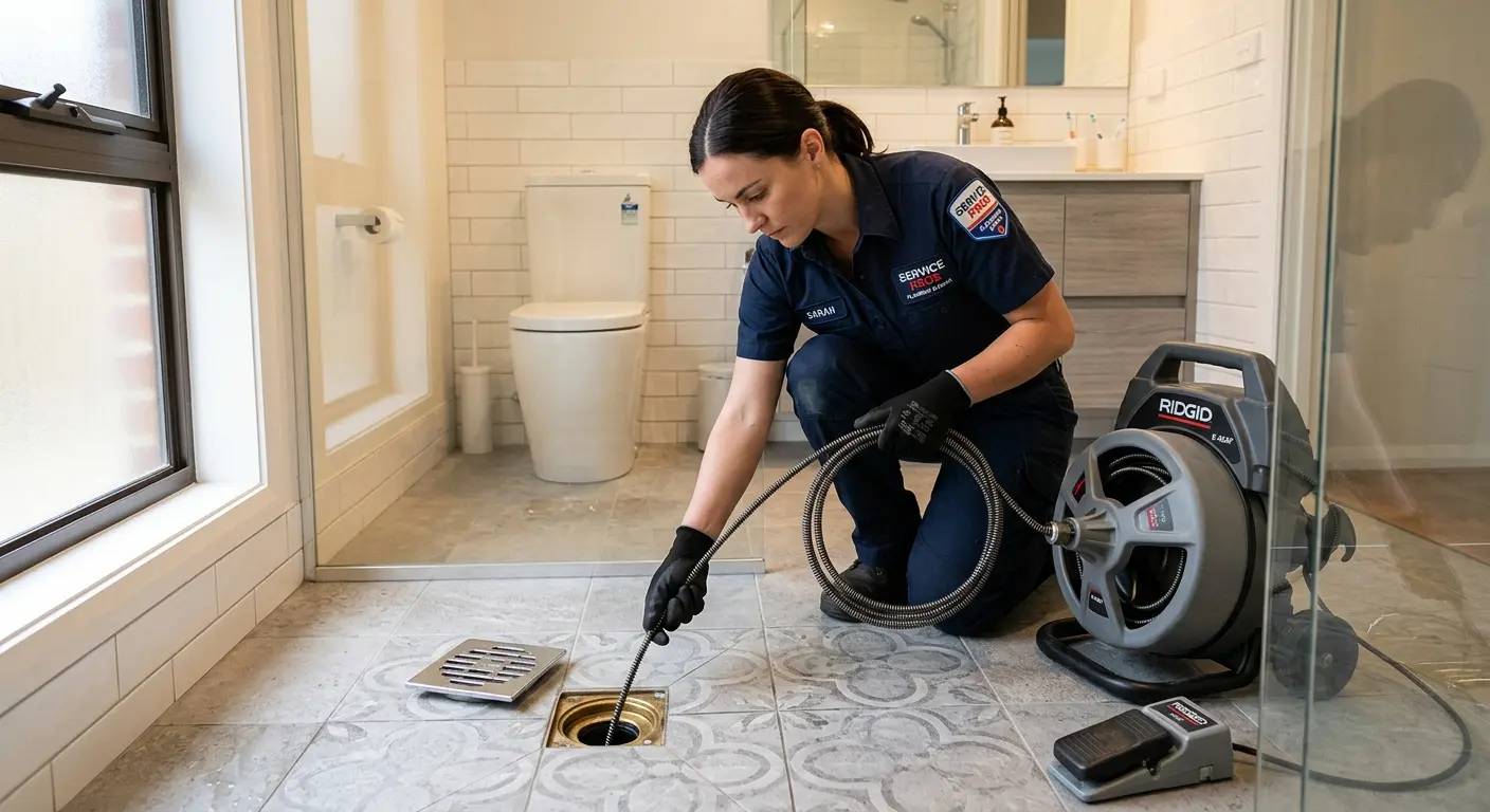 Technician clearing a bathroom floor drain for Sewer Line Installation in Old Tappan